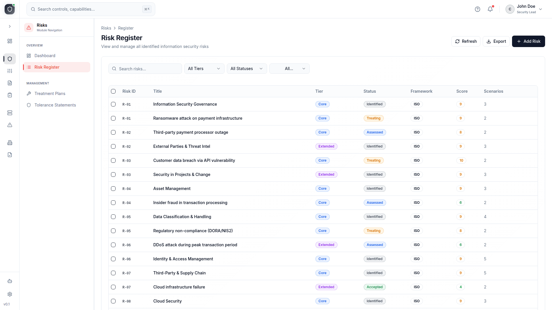 Risk register screenshot